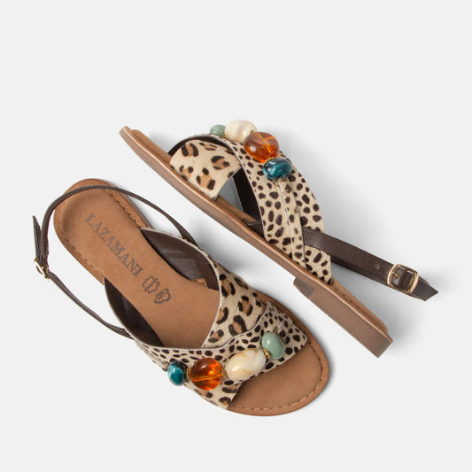 Lazamani Marika Flat Sandal CrissCross Animal Print LA75918