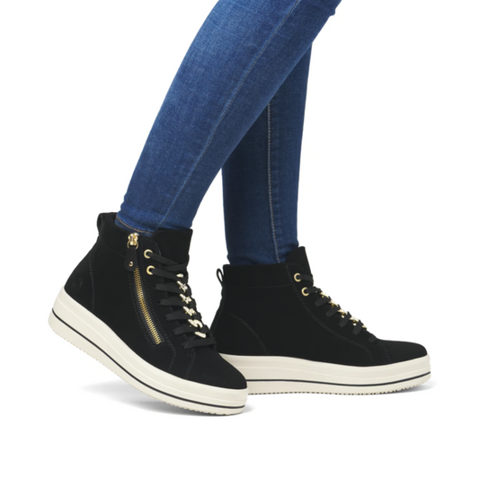 Remonte Laced Ankle Boot Trainer Platform Sole Black Leather D1C70-02
