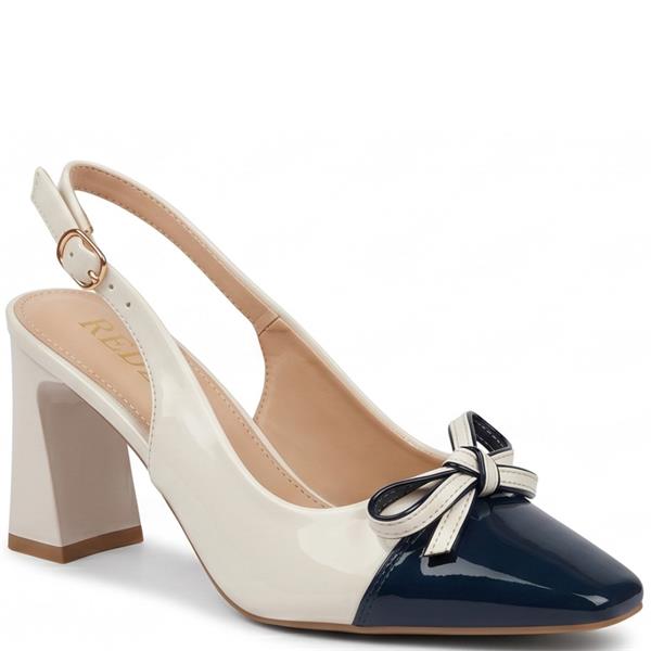 Redz Pointed Toe Bow Block Mid Heel Shoe Cream Black 3785
