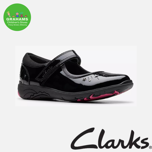 Clarks Relda Wish Unicorn Black Patent Leathe School Shoes