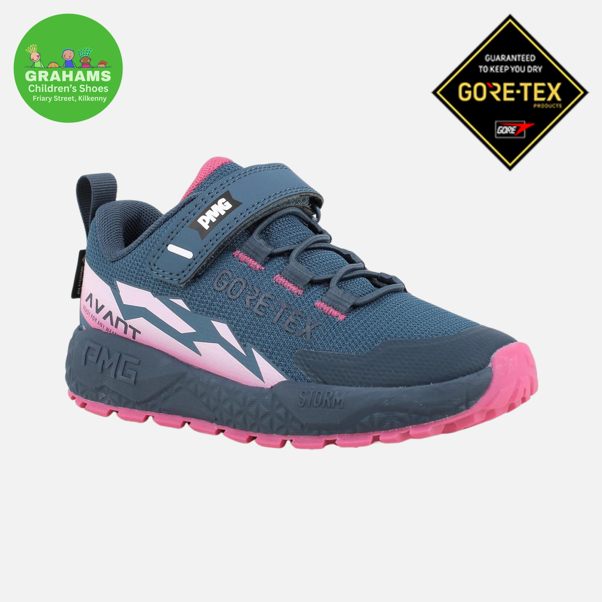 A children's athletic shoe in navy blue with pink and light pink accents, featuring a hook-and-loop strap closure and a thick textured sole. The shoe is shown from a side profile on a light gray background, with a Grahams Children's Shop logo in the top-left corner and a GORE-TEX logo in the top-right corner.