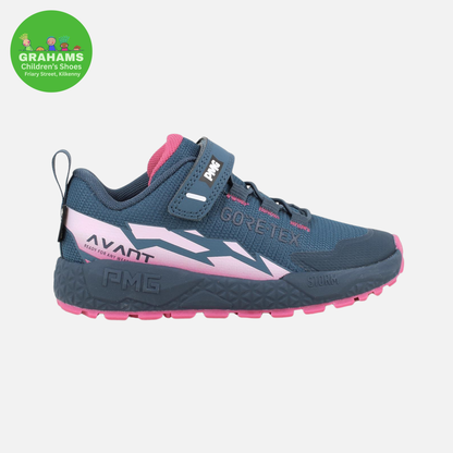A children's athletic shoe in dark blue-gray with pink accents, featuring a hook-and-loop strap closure, a textured sole, and visible 'FMG', 'AVANT', and 'GORE-TEX' branding on a light gray background. A green 'Grahams Children's Shoes' logo is in the top-left corner.
