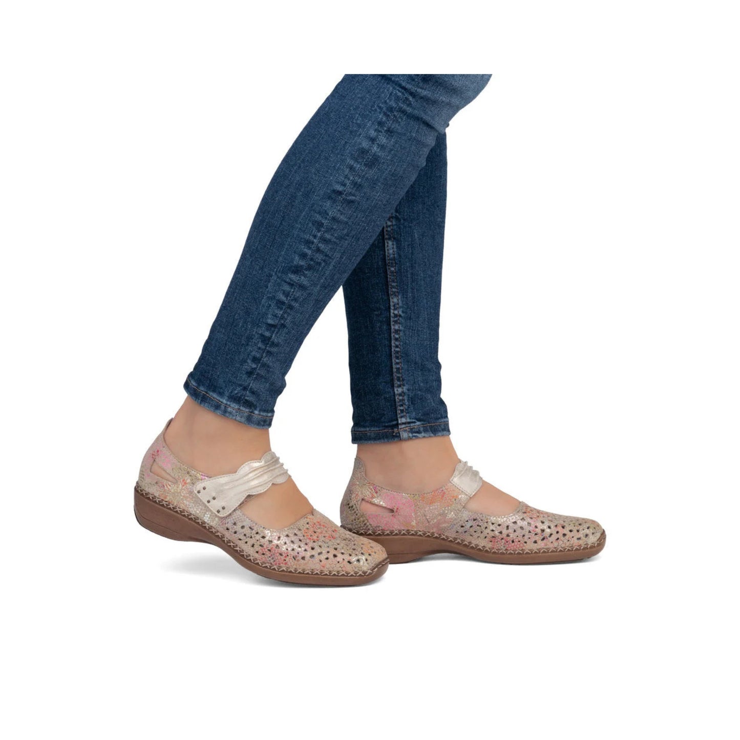 Rieker Ladies Summer Shoe Velcro Floral Metallic 41399-92