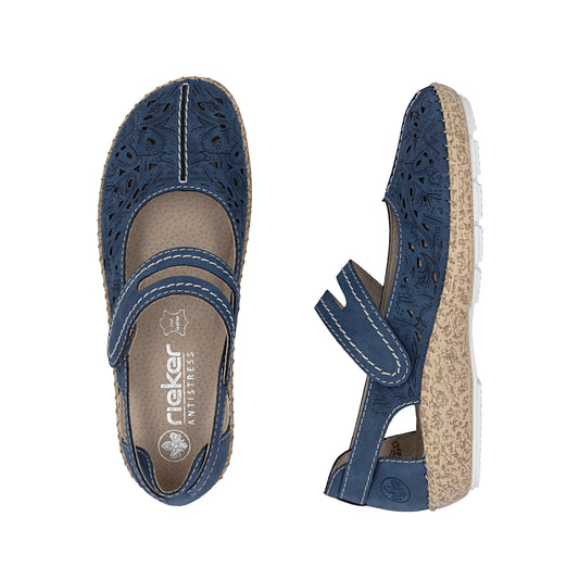Rieker Mary Jane Velcro Shoe Geometric Print Blue 44872-14