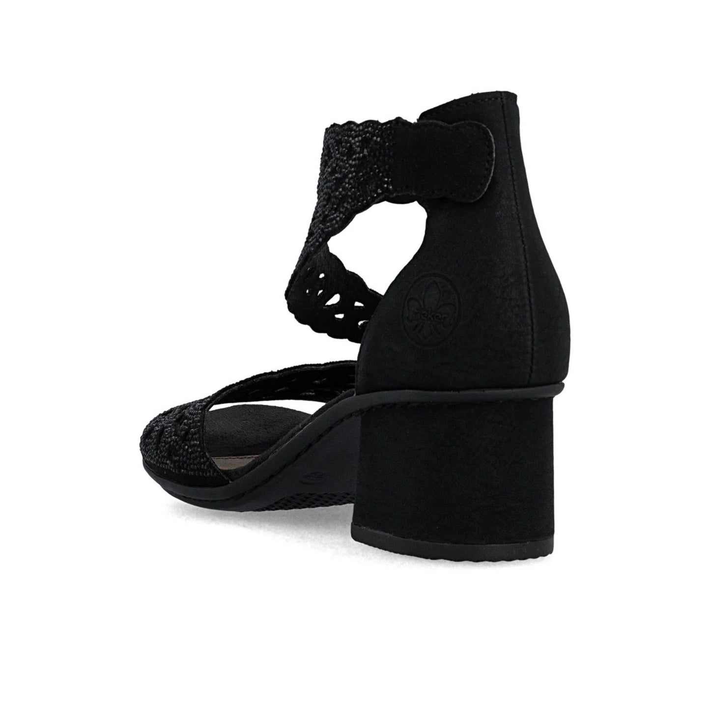 Rieker Block Heel Sandal CrossCross Strap Sparkle Black 64657-00