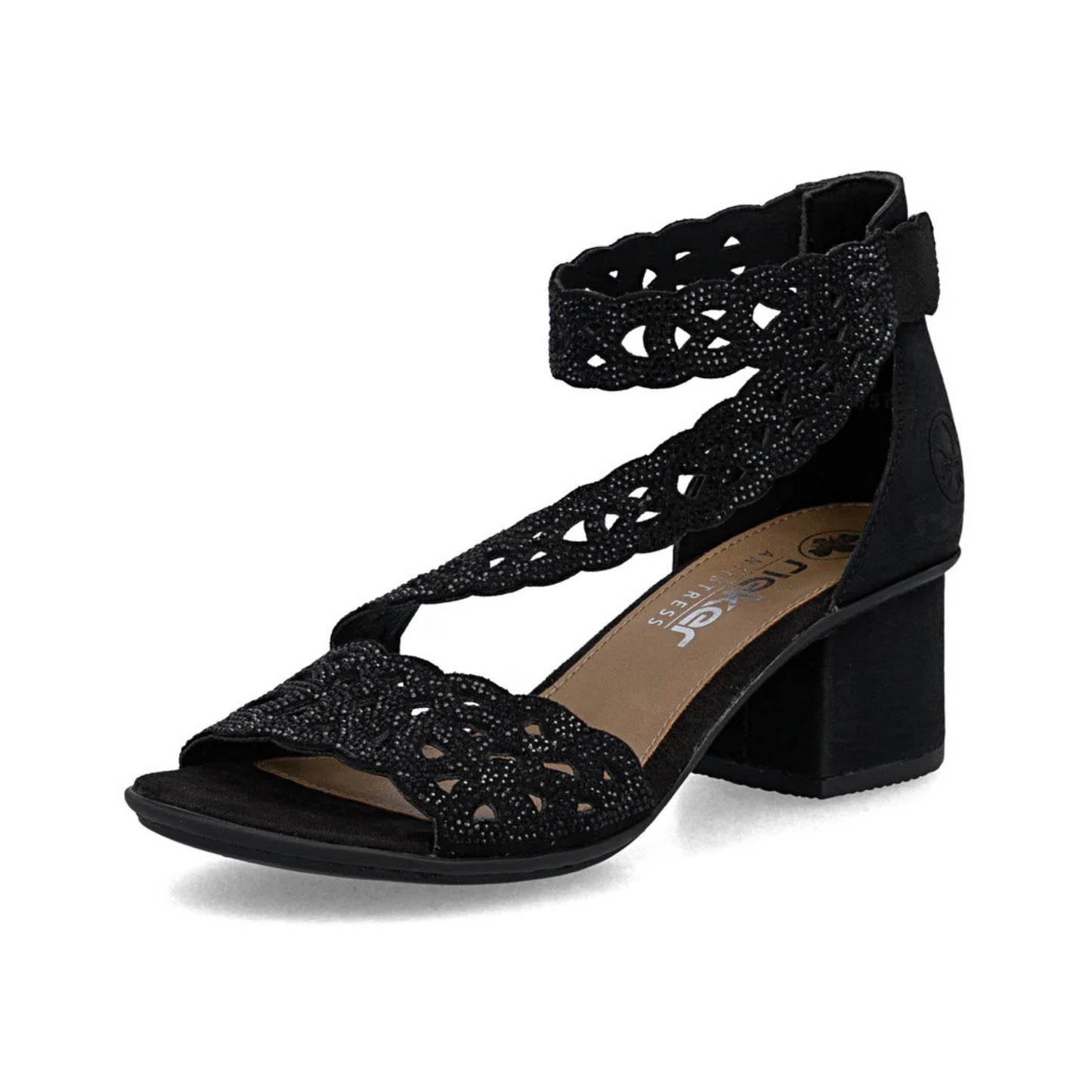 Rieker Block Heel Sandal CrossCross Strap Sparkle Black 64657-00