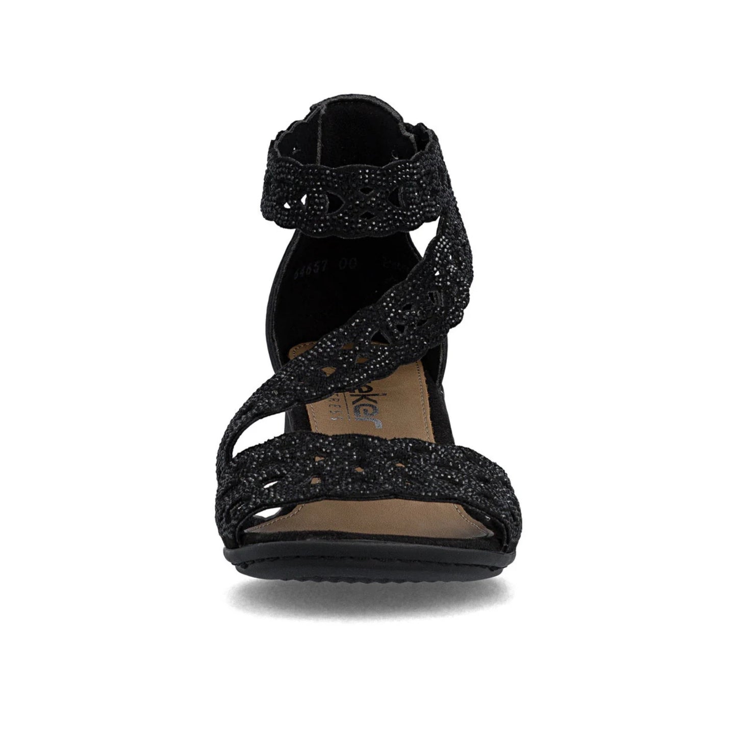 Rieker Block Heel Sandal CrossCross Strap Sparkle Black 64657-00