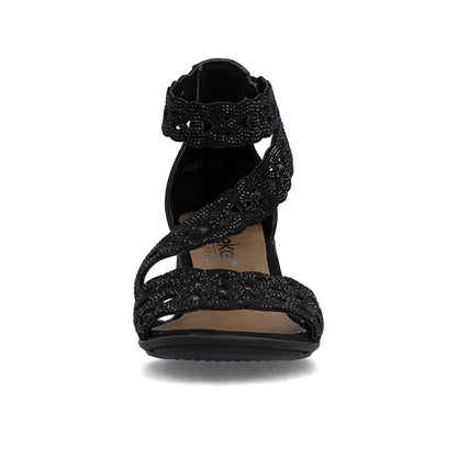 Rieker Block Heel Sandal CrossCross Strap Sparkle Black 64657-00