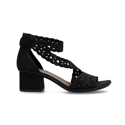 Rieker Block Heel Sandal CrossCross Strap Sparkle Black 64657-00