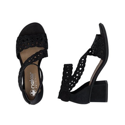 Rieker Block Heel Sandal CrossCross Strap Sparkle Black 64657-00