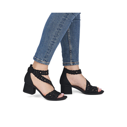 Rieker Block Heel Sandal CrossCross Strap Sparkle Black 64657-00