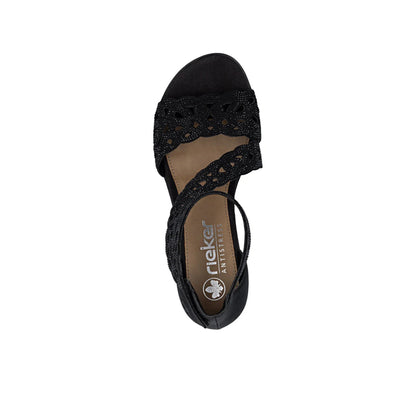 Rieker Block Heel Sandal CrossCross Strap Sparkle Black 64657-00
