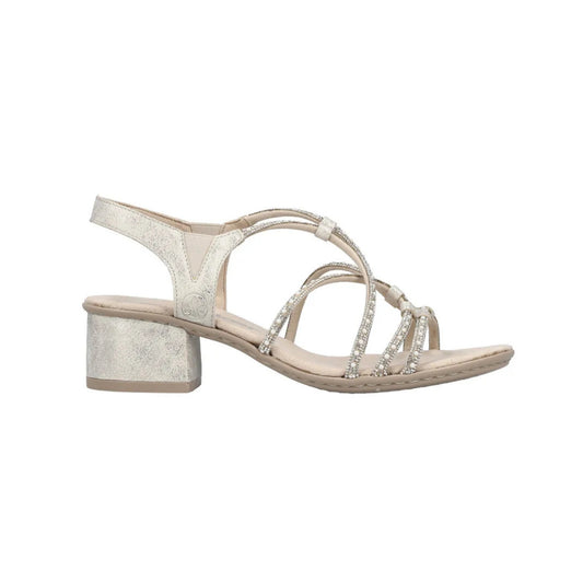 Rieker Block Heel Slingback Sandal Pearl Diamnte Beige Gold 64970-60