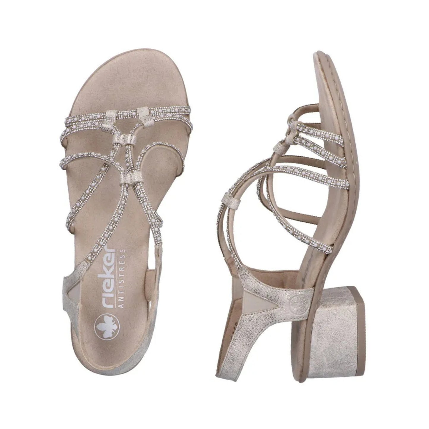 Rieker Block Heel Slingback Sandal Pearl Diamnte Beige Gold 64970-60