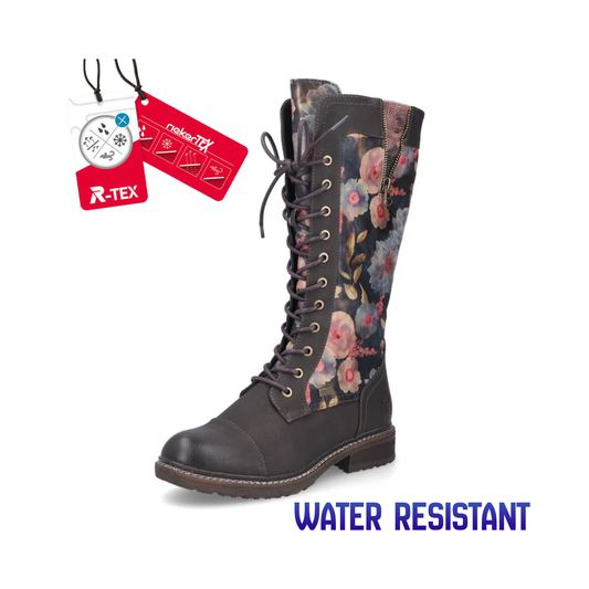 Rieker Floral Knee High Fleece Lined Brown Boot 94731-91
