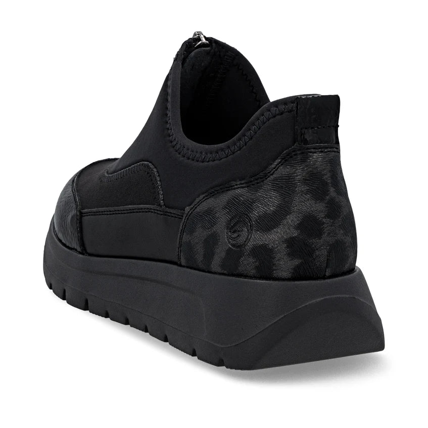 Remonte Wide Fit Front Zip Trainer Leopard Print Metallic Black D2V01-04