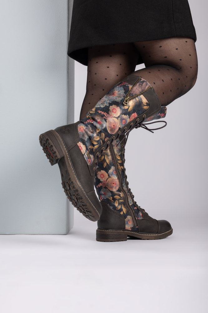 Rieker Floral Knee High Fleece Lined Brown Boot 94731-91