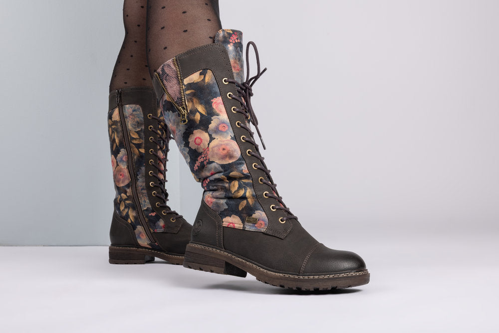 Rieker Floral Knee High Fleece Lined Brown Boot 94731-91