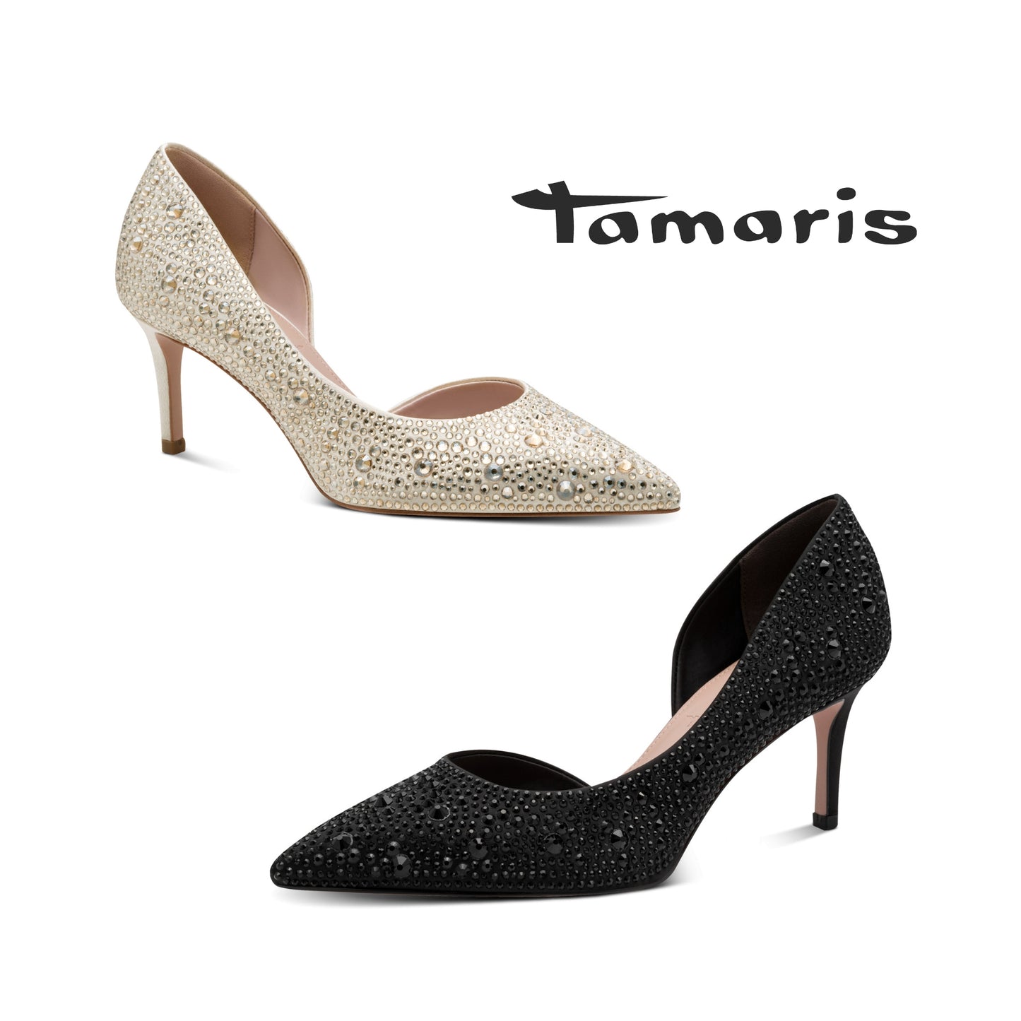 Tamaris Pointed Toe Diamante Heels - Pearl Glam
