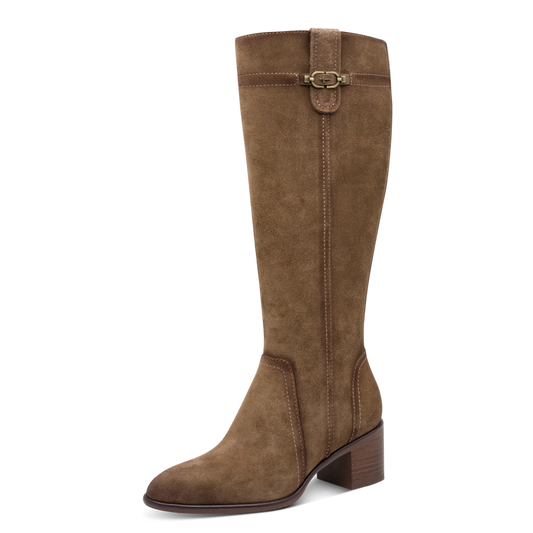 Tamaris Knee High Block Heel Suede Leather Boot Camel Brown 25576-47