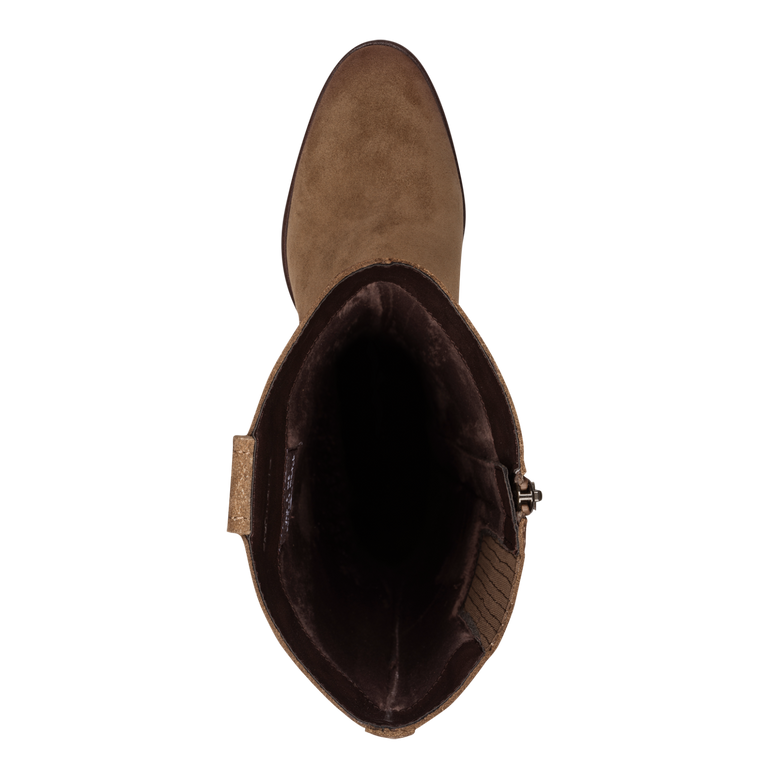 Tamaris Knee High Block Heel Suede Leather Boot Camel Brown 25576-47