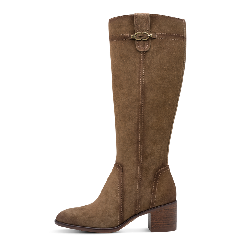 Tamaris Knee High Block Heel Suede Leather Boot Camel Brown 25576-47