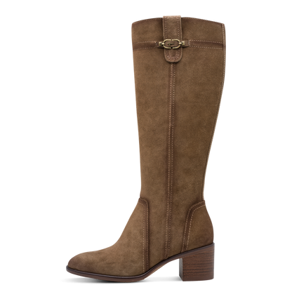 Tamaris Knee High Block Heel Suede Leather Boot Camel Brown 25576-47