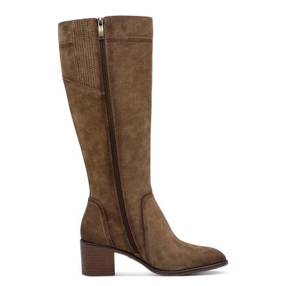 Tamaris Knee High Block Heel Suede Leather Boot Camel Brown 25576-47