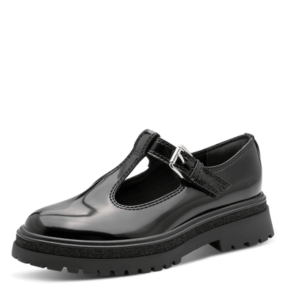 Tamaris T-Bar Chunky Sole Black Patent Shoe 24324-45