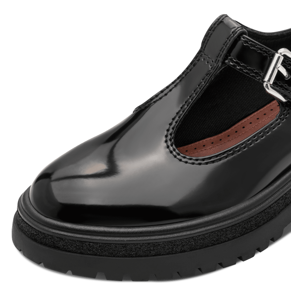 Tamaris T-Bar Chunky Sole Black Patent Shoe 24324-45
