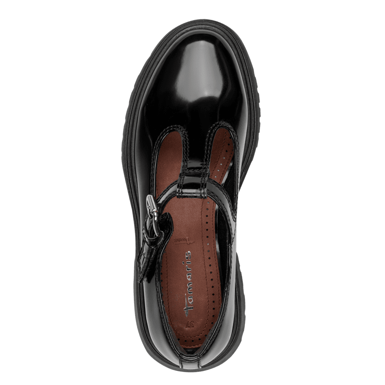 Tamaris T-Bar Chunky Sole Black Patent Shoe 24324-45